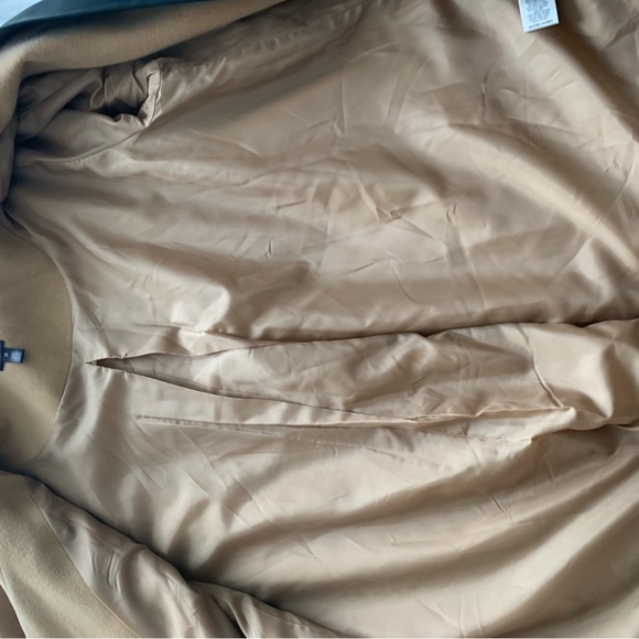 Tan and Black Women's Pea Coat with Faux Leather Trim. - Picture 13 of 16